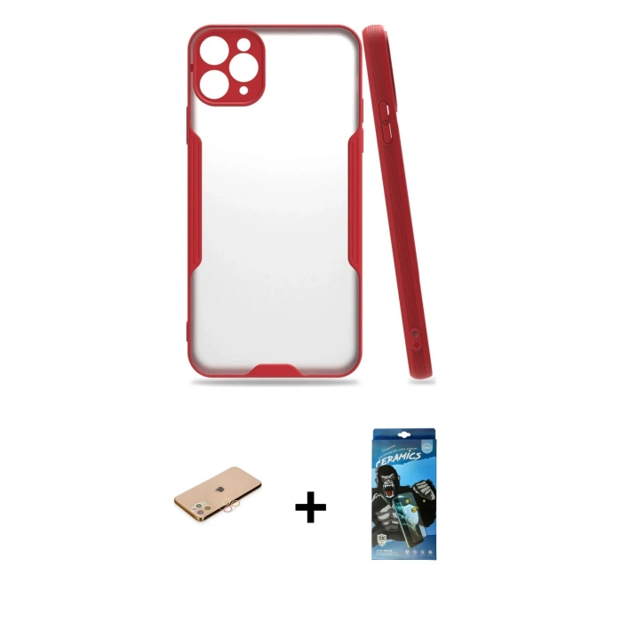 MARSİLYAN™- iPhone 11 Pro Kılıf Atlas Asil Serisi - Siyah 34D Izgaralı Cam + Renkli Kamera Lens Koruma Cam - TU