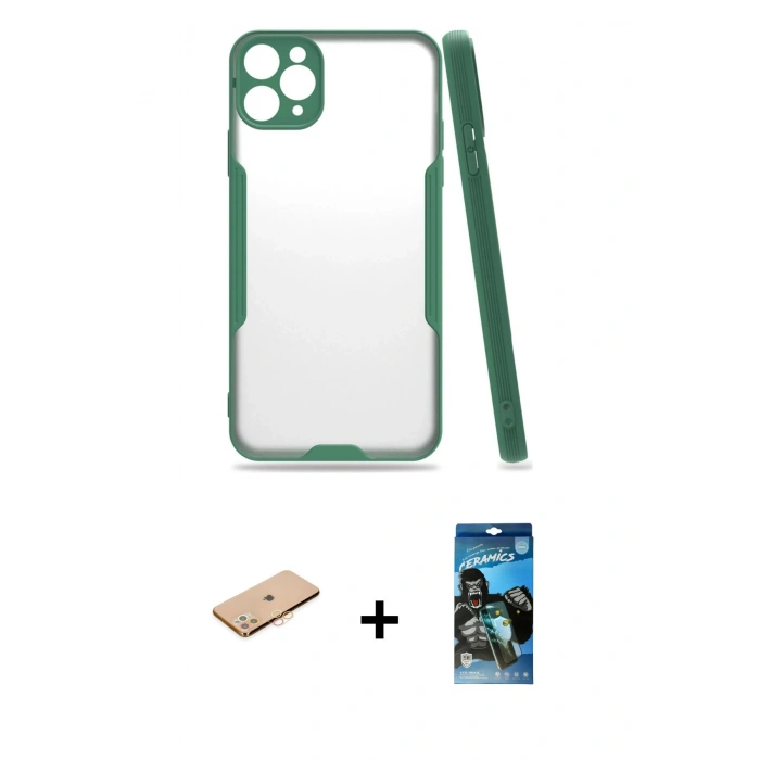 MARSİLYAN™- iPhone 11 Pro Kılıf Atlas Asil Serisi - Siyah 34D Izgaralı Cam + Renkli Kamera Lens Koruma Cam - TU