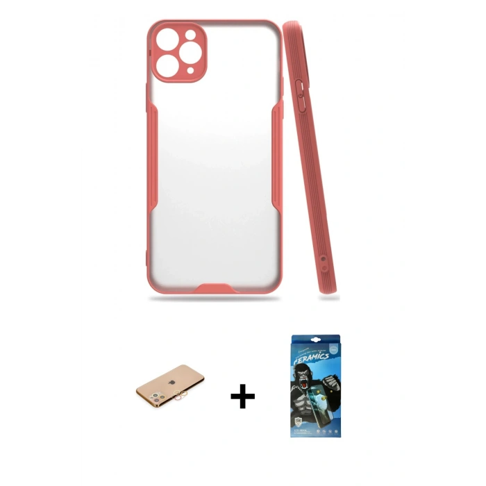 MARSİLYAN™- iPhone 11 Pro Kılıf Atlas Asil Serisi - Siyah 34D Izgaralı Cam + Renkli Kamera Lens Koruma Cam - TU