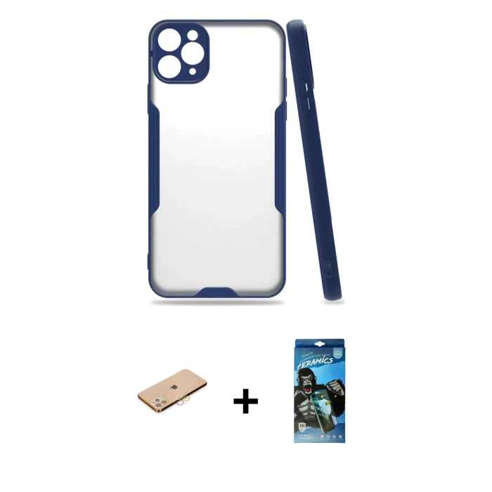 MARSİLYAN™- iPhone 11 Pro Kılıf Atlas Asil Serisi - Siyah 34D Izgaralı Cam + Renkli Kamera Lens Koruma Cam - TU