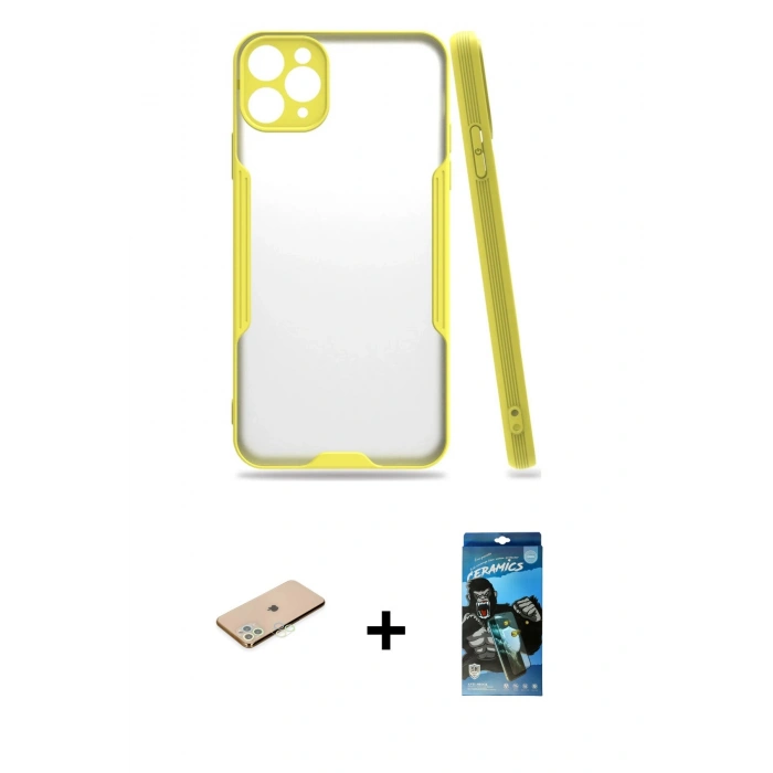 MARSİLYAN™- iPhone 11 Pro Kılıf Atlas Asil Serisi - Siyah 34D Izgaralı Cam + Renkli Kamera Lens Koruma Cam - YL