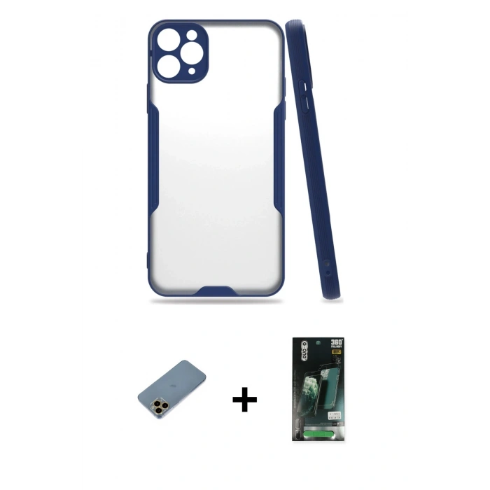MARSİLYAN™- iPhone 11 Pro Kılıf Atlas Asil Serisi - Siyah 360 Mat Full Body Arka Koruyucu + Shine Kamera Lens Koruma Cam - GD