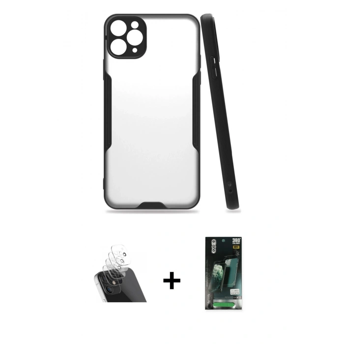 MARSİLYAN™- iPhone 11 Pro Kılıf Atlas Asil Serisi - Siyah 360 Mat Full Body Arka Koruyucu + Kamera Lens Koruma Cam - SF