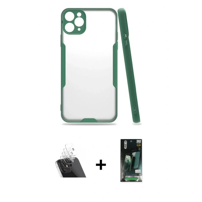 MARSİLYAN™- iPhone 11 Pro Kılıf Atlas Asil Serisi - Siyah 360 Mat Full Body Arka Koruyucu + Kamera Lens Koruma Cam - SF
