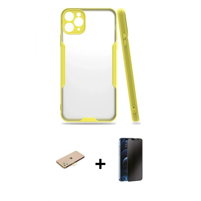 MARSİLYAN™- iPhone 11 Pro Kılıf Atlas Asil Serisi - Siyah 3D Antistatik Hayalet Cam Ekran Koruyucu + Renkli Kamera Lens Koruma Cam - PE