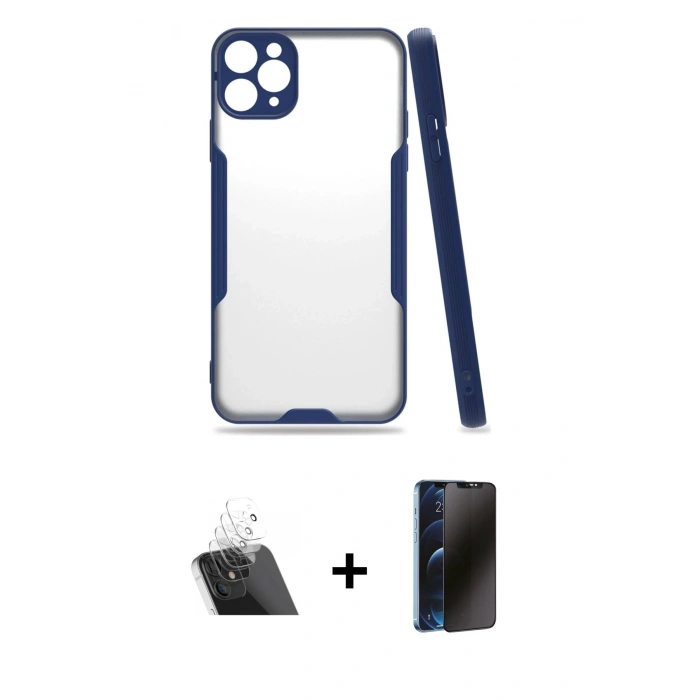 MARSİLYAN™- iPhone 11 Pro Kılıf Atlas Asil Serisi - Siyah 3D Antistatik Hayalet Cam Ekran Koruyucu + Kamera Lens Koruma Cam - SF