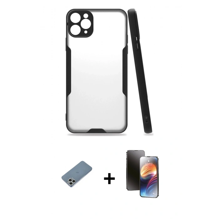 MARSİLYAN™- iPhone 11 Pro Kılıf Atlas Asil Serisi - Siyah 3D Antistatik Mat Seramik Nano Ekran Koruyucu + Shine Kamera Lens Koruma Cam - GS