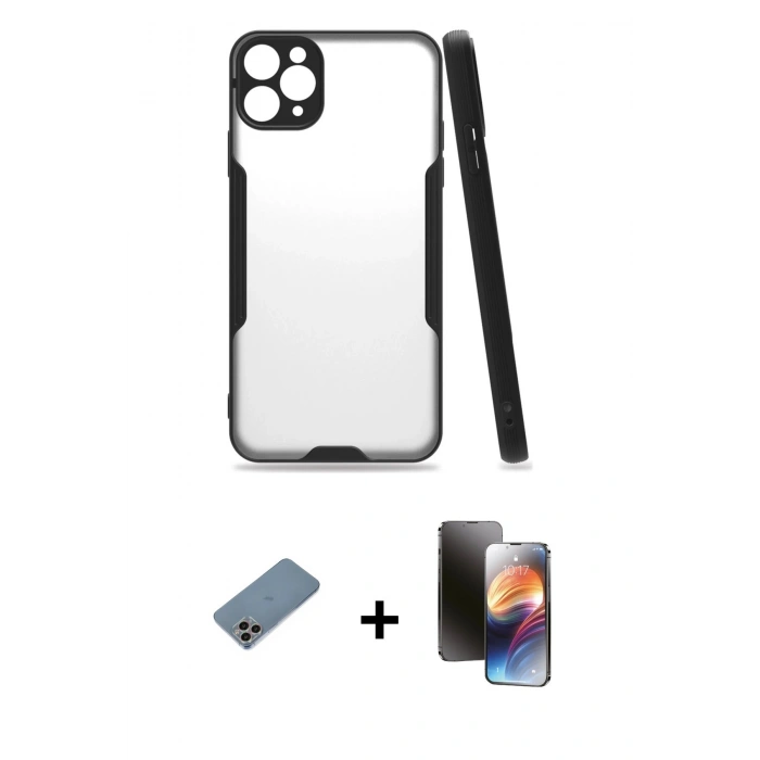 MARSİLYAN™- iPhone 11 Pro Kılıf Atlas Asil Serisi - Siyah 3D Antistatik Mat Seramik Nano Ekran Koruyucu + Shine Kamera Lens Koruma Cam - GI