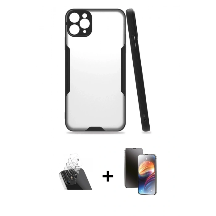 MARSİLYAN™- iPhone 11 Pro Kılıf Atlas Asil Serisi - Siyah 3D Antistatik Mat Seramik Nano Ekran Koruyucu + Kamera Lens Koruma Cam - SF