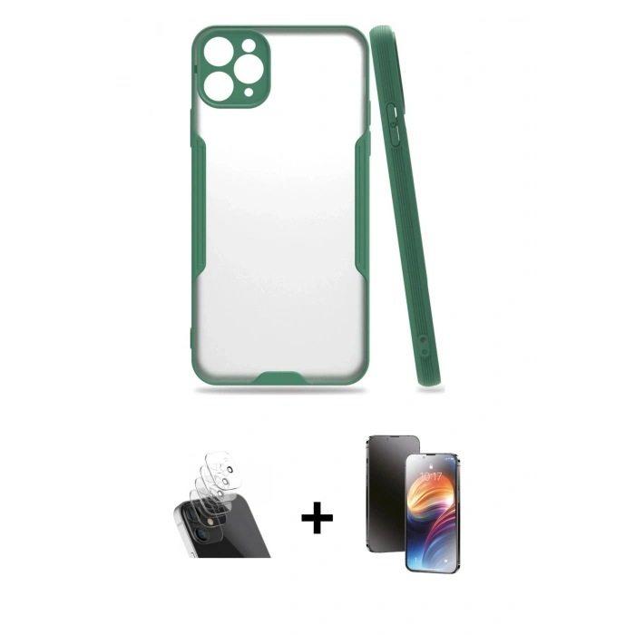 MARSİLYAN™- iPhone 11 Pro Kılıf Atlas Asil Serisi - Siyah 3D Antistatik Mat Seramik Nano Ekran Koruyucu + Kamera Lens Koruma Cam - SF