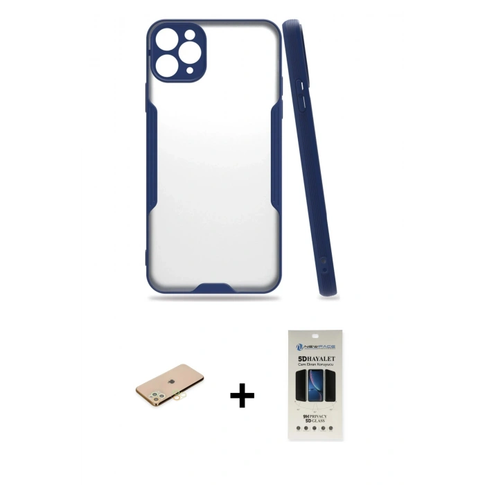 MARSİLYAN™- iPhone 11 Pro Kılıf Atlas Asil Serisi - Siyah 5D Hayalet Cam Ekran Koruyucu + Renkli Kamera Lens Koruma Cam - SI