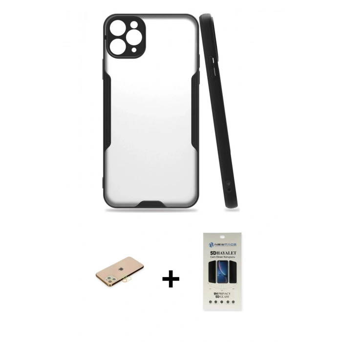 MARSİLYAN™- iPhone 11 Pro Kılıf Atlas Asil Serisi - Siyah 5D Hayalet Cam Ekran Koruyucu + Renkli Kamera Lens Koruma Cam - SI
