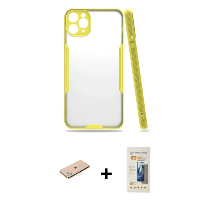 MARSİLYAN™- iPhone 11 Pro Kılıf Atlas Asil Serisi - Siyah 6D Mat Seramik Hayalet Nano Ekran Koruyucu + Renkli Kamera Lens Koruma Cam - MI