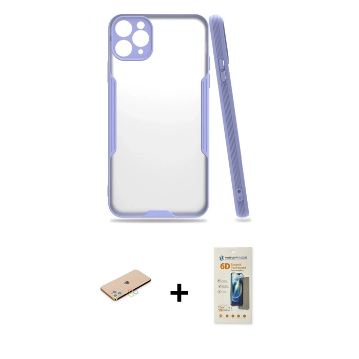 MARSİLYAN™- iPhone 11 Pro Kılıf Atlas Asil Serisi - Siyah 6D Mat Seramik Hayalet Nano Ekran Koruyucu + Renkli Kamera Lens Koruma Cam - MI