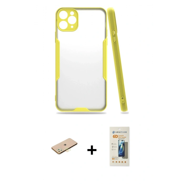 MARSİLYAN™- iPhone 11 Pro Kılıf Atlas Asil Serisi - Siyah 6D Mat Seramik Hayalet Nano Ekran Koruyucu + Renkli Kamera Lens Koruma Cam - SI