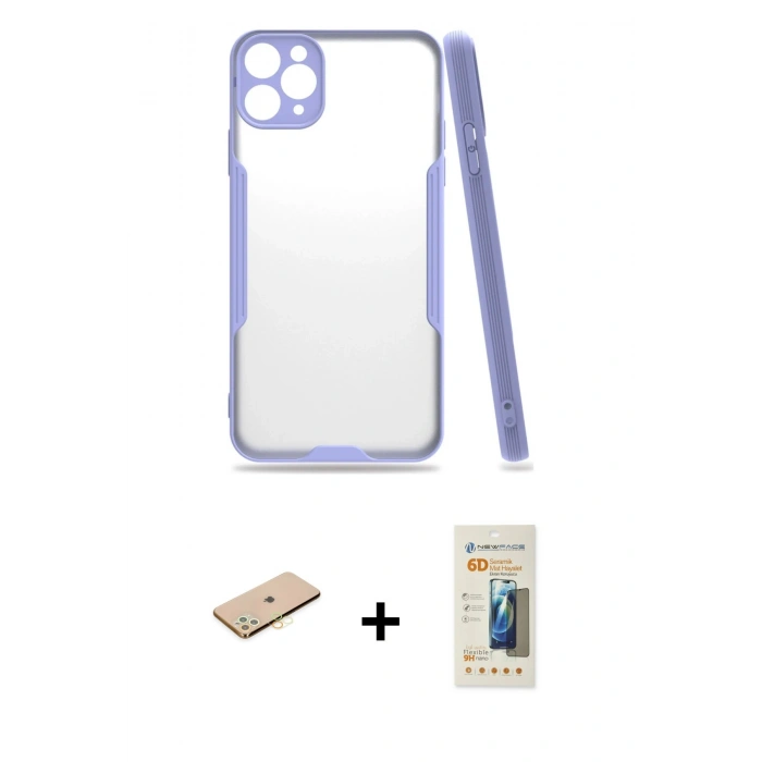 MARSİLYAN™- iPhone 11 Pro Kılıf Atlas Asil Serisi - Siyah 6D Mat Seramik Hayalet Nano Ekran Koruyucu + Renkli Kamera Lens Koruma Cam - SI