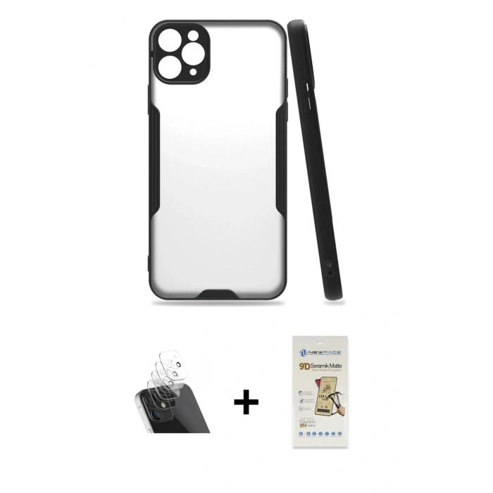 MARSİLYAN™- iPhone 11 Pro Kılıf Atlas Asil Serisi - Siyah Mat Seramik Nano Ekran Koruyucu + Kamera Lens Koruma Cam - SF