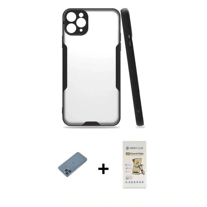 MARSİLYAN™- iPhone 11 Pro Kılıf Atlas Asil Serisi - Siyah Mat Seramik Nano Ekran Koruyucu + Shine Kamera Lens Koruma Cam - MI