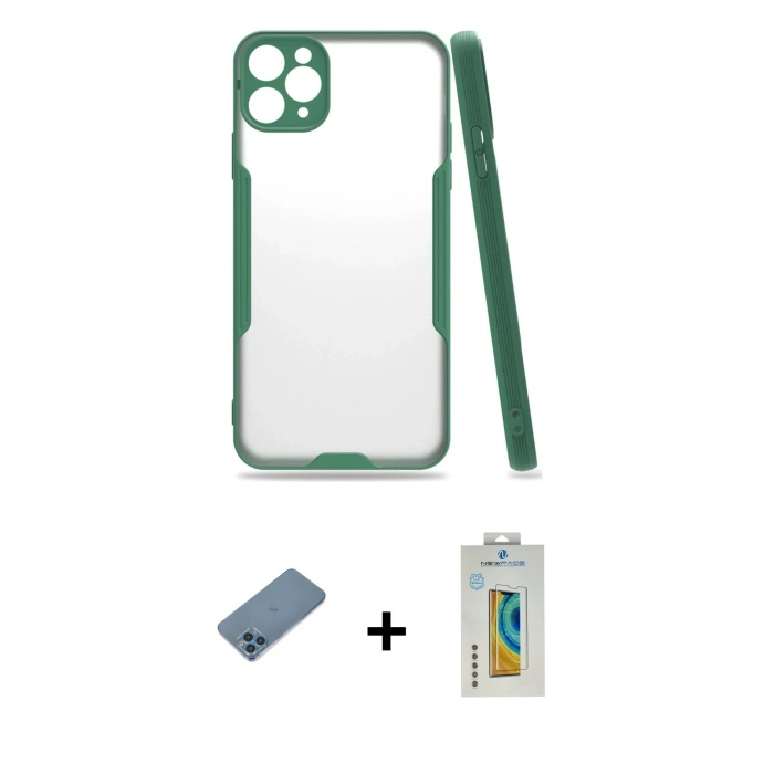 MARSİLYAN™- iPhone 11 Pro Kılıf Atlas Asil Serisi - Siyah Polymer Nano Ekran Koruyucu + Shine Kamera Lens Koruma Cam - MI