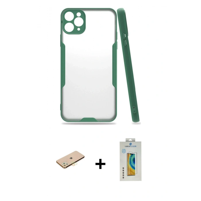 MARSİLYAN™- iPhone 11 Pro Kılıf Atlas Asil Serisi - Siyah Polymer Nano Ekran Koruyucu + Renkli Kamera Lens Koruma Cam - PE