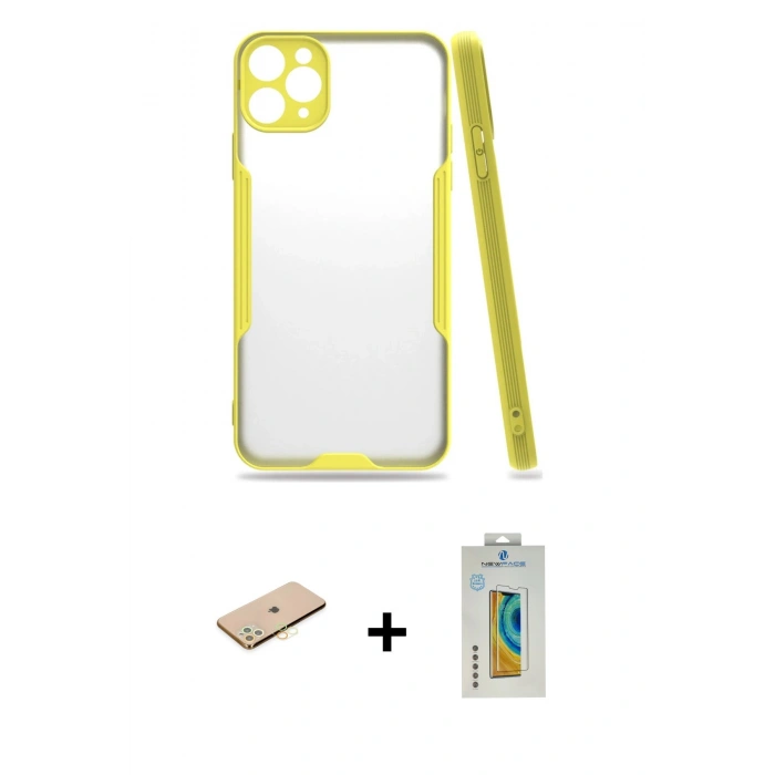 MARSİLYAN™- iPhone 11 Pro Kılıf Atlas Asil Serisi - Siyah Polymer Nano Ekran Koruyucu + Renkli Kamera Lens Koruma Cam - PE