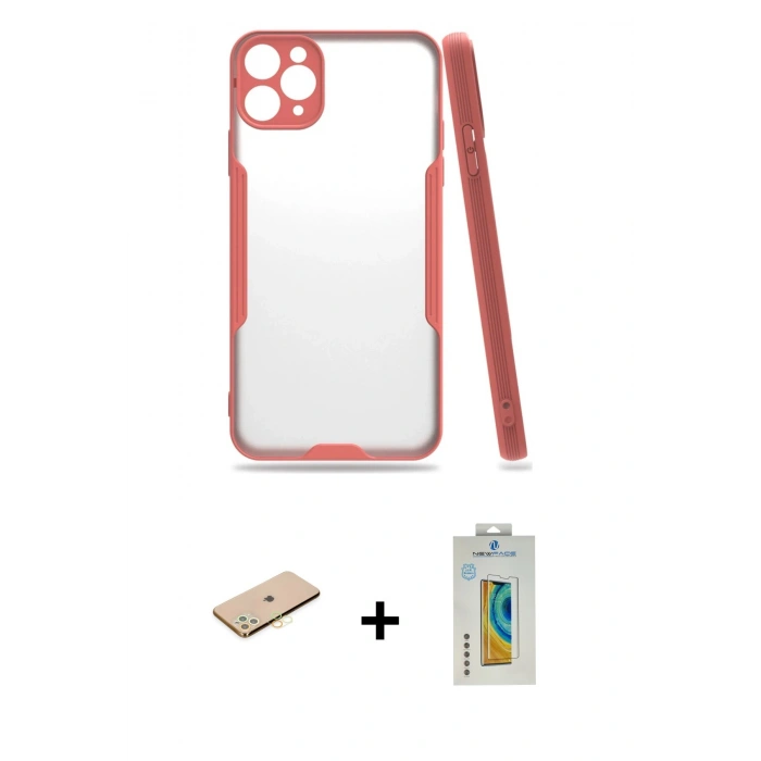 MARSİLYAN™- iPhone 11 Pro Kılıf Atlas Asil Serisi - Siyah Polymer Nano Ekran Koruyucu + Renkli Kamera Lens Koruma Cam - PE