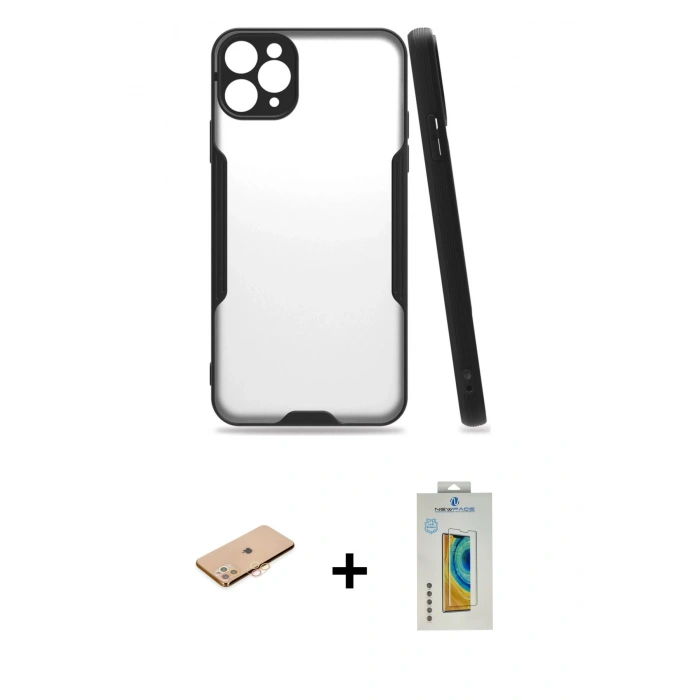 MARSİLYAN™- iPhone 11 Pro Kılıf Atlas Asil Serisi - Siyah Polymer Nano Ekran Koruyucu + Renkli Kamera Lens Koruma Cam - TU