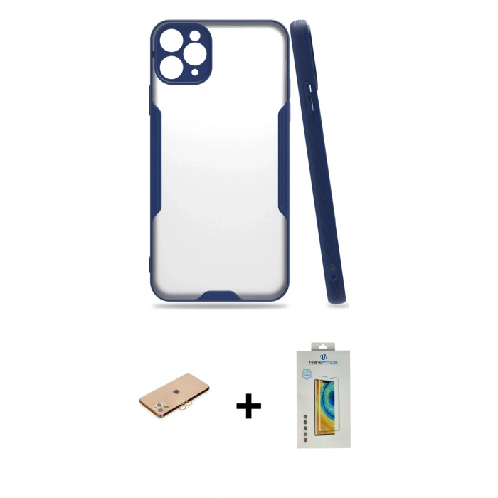 MARSİLYAN™- iPhone 11 Pro Kılıf Atlas Asil Serisi - Siyah Polymer Nano Ekran Koruyucu + Renkli Kamera Lens Koruma Cam - TU
