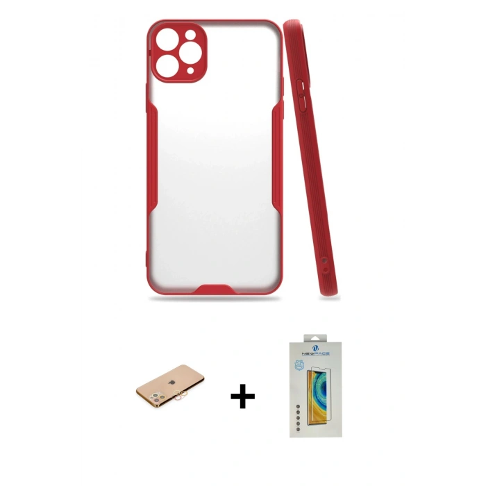 MARSİLYAN™- iPhone 11 Pro Kılıf Atlas Asil Serisi - Siyah Polymer Nano Ekran Koruyucu + Renkli Kamera Lens Koruma Cam - TU