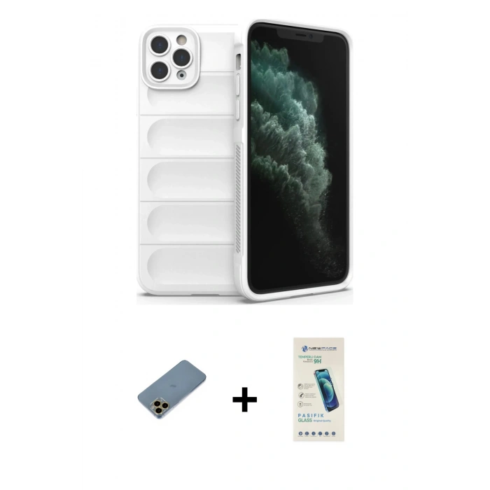 MARSİLYAN™- iPhone 11 Pro Kılıf Atlas Koleksiyonu - Şeffaf Pasifik Cam Ekran Koruyucu + Shine Kamera Lens Koruma Cam - GD