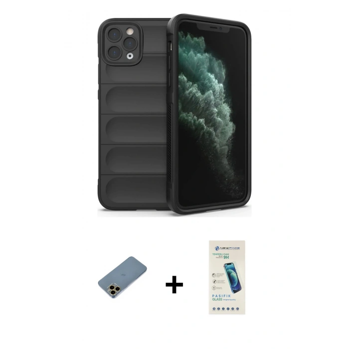 MARSİLYAN™- iPhone 11 Pro Kılıf Atlas Koleksiyonu - Şeffaf Pasifik Cam Ekran Koruyucu + Shine Kamera Lens Koruma Cam - GD