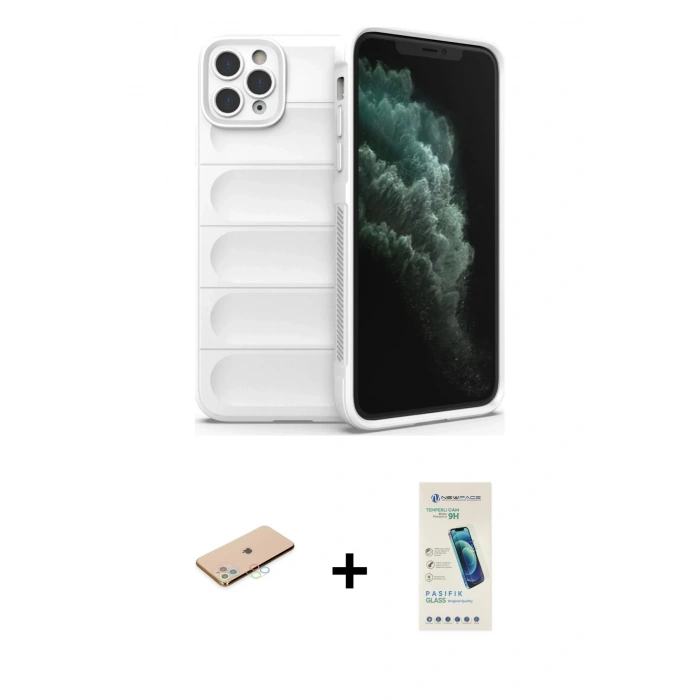 MARSİLYAN™- iPhone 11 Pro Kılıf Atlas Koleksiyonu - Şeffaf Pasifik Cam Ekran Koruyucu + Renkli Kamera Lens Koruma Cam - MI
