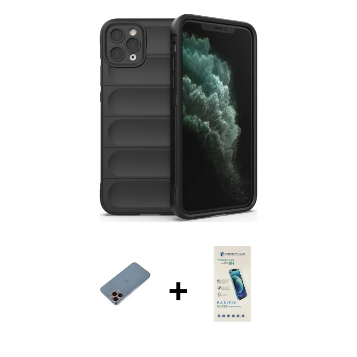 MARSİLYAN™- iPhone 11 Pro Kılıf Atlas Koleksiyonu - Şeffaf Pasifik Cam Ekran Koruyucu + Shine Kamera Lens Koruma Cam - PE