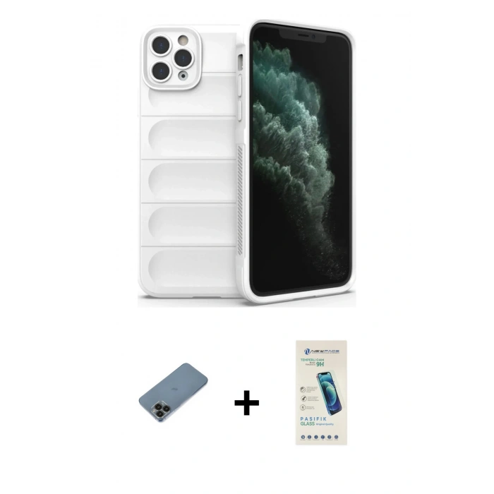 MARSİLYAN™- iPhone 11 Pro Kılıf Atlas Koleksiyonu - Şeffaf Pasifik Cam Ekran Koruyucu + Shine Kamera Lens Koruma Cam - SH