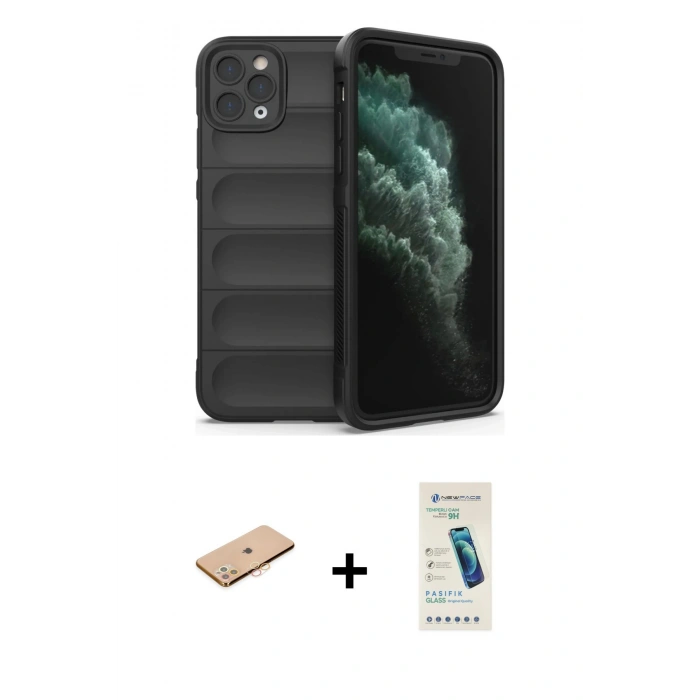 MARSİLYAN™- iPhone 11 Pro Kılıf Atlas Koleksiyonu - Şeffaf Pasifik Cam Ekran Koruyucu + Renkli Kamera Lens Koruma Cam - TU