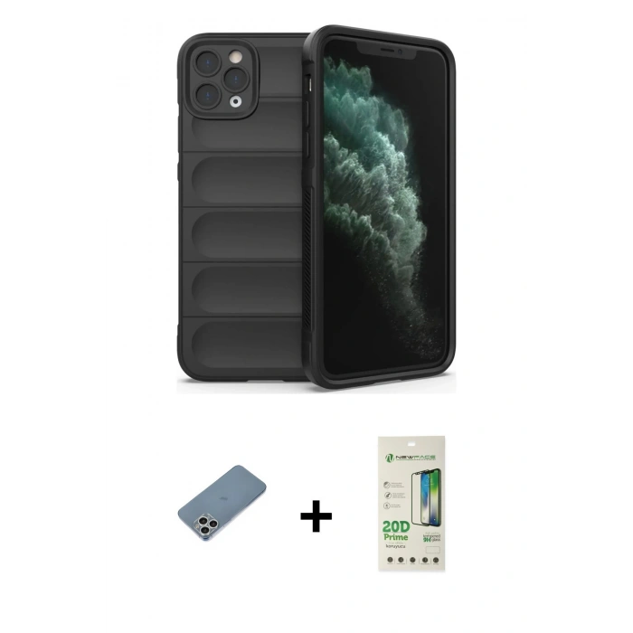 MARSİLYAN™- iPhone 11 Pro Kılıf Atlas Koleksiyonu - Siyah 20D Premium Cam Ekran Koruyucu + Shine Kamera Lens Koruma Cam - GS