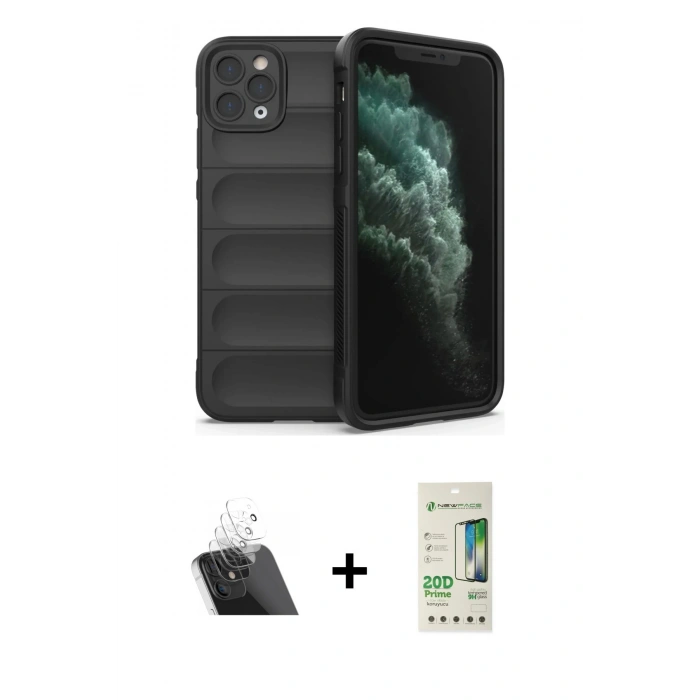 MARSİLYAN™- iPhone 11 Pro Kılıf Atlas Koleksiyonu - Siyah 20D Premium Cam Ekran Koruyucu + Kamera Lens Koruma Cam - SF