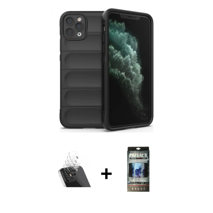MARSİLYAN™- iPhone 11 Pro Kılıf Atlas Koleksiyonu - Siyah 34D Hayalet Izgaralı Cam + Kamera Lens Koruma Cam - SF