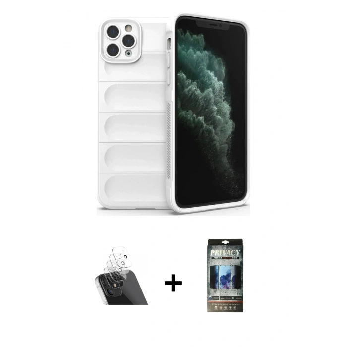 MARSİLYAN™- iPhone 11 Pro Kılıf Atlas Koleksiyonu - Siyah 34D Hayalet Izgaralı Cam + Kamera Lens Koruma Cam - SF