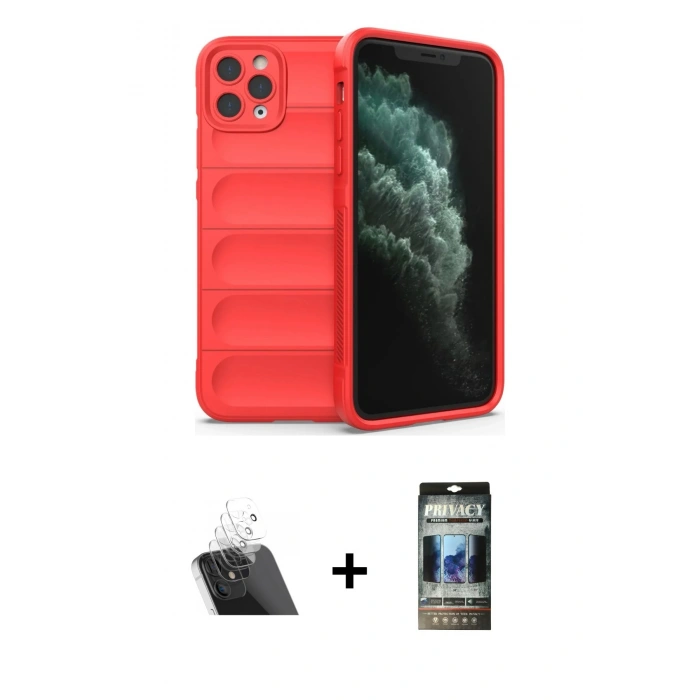 MARSİLYAN™- iPhone 11 Pro Kılıf Atlas Koleksiyonu - Siyah 34D Hayalet Izgaralı Cam + Kamera Lens Koruma Cam - SF