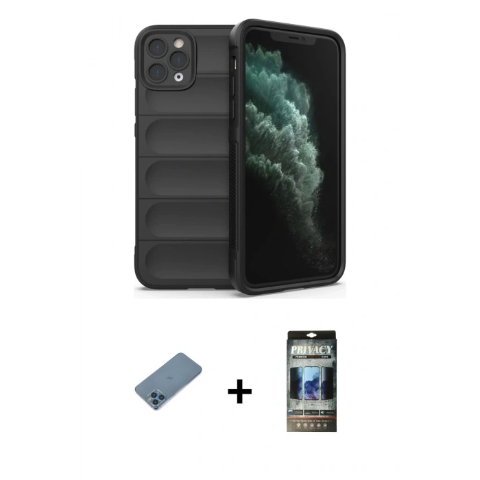 MARSİLYAN™- iPhone 11 Pro Kılıf Atlas Koleksiyonu - Siyah 34D Hayalet Izgaralı Cam + Shine Kamera Lens Koruma Cam - MI