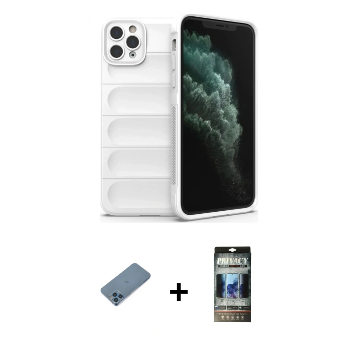 MARSİLYAN™- iPhone 11 Pro Kılıf Atlas Koleksiyonu - Siyah 34D Hayalet Izgaralı Cam + Shine Kamera Lens Koruma Cam - MI
