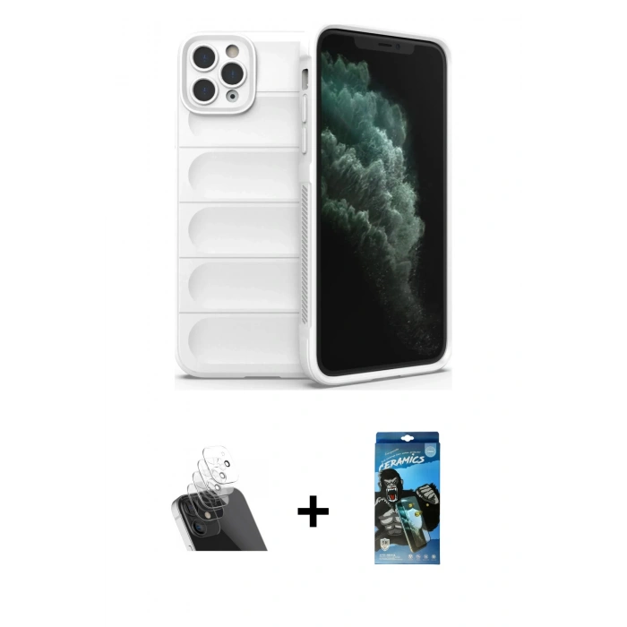 MARSİLYAN™- iPhone 11 Pro Kılıf Atlas Koleksiyonu - Siyah 34D Izgaralı Cam + Kamera Lens Koruma Cam - SF