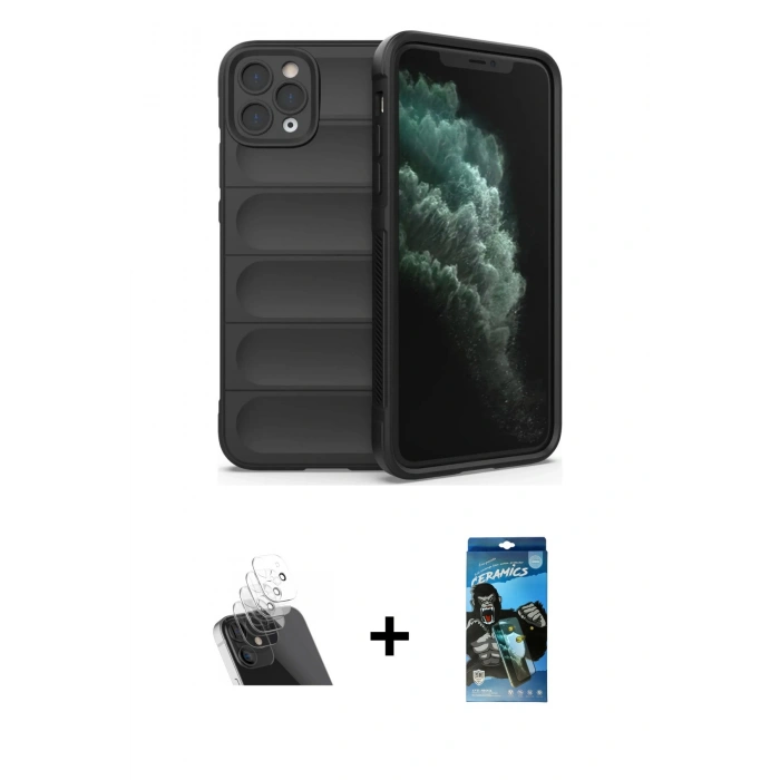 MARSİLYAN™- iPhone 11 Pro Kılıf Atlas Koleksiyonu - Siyah 34D Izgaralı Cam + Kamera Lens Koruma Cam - SF