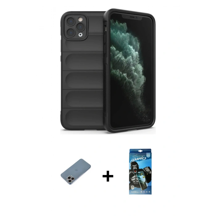 MARSİLYAN™- iPhone 11 Pro Kılıf Atlas Koleksiyonu - Siyah 34D Izgaralı Cam + Shine Kamera Lens Koruma Cam - GI
