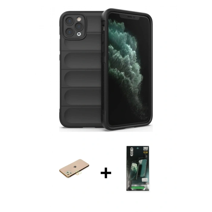 MARSİLYAN™- iPhone 11 Pro Kılıf Atlas Koleksiyonu - Siyah 360 Mat Full Body Arka Koruyucu + Renkli Kamera Lens Koruma Cam - PE