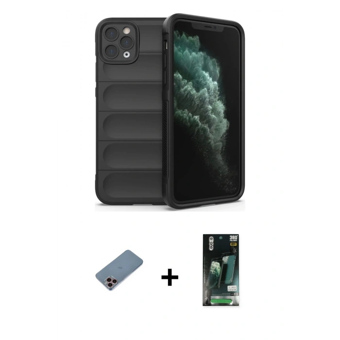 MARSİLYAN™- iPhone 11 Pro Kılıf Atlas Koleksiyonu - Siyah 360 Mat Full Body Arka Koruyucu + Shine Kamera Lens Koruma Cam - PE