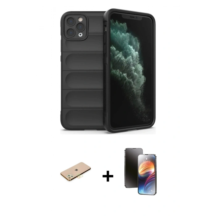 MARSİLYAN™- iPhone 11 Pro Kılıf Atlas Koleksiyonu - Siyah 3D Antistatik Mat Seramik Nano Ekran Koruyucu + Renkli Kamera Lens Koruma Cam - SI