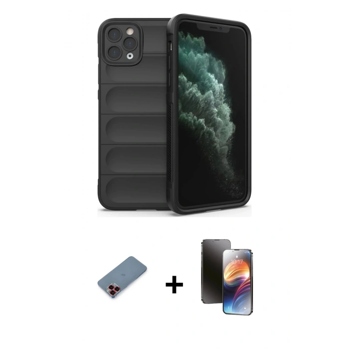 MARSİLYAN™- iPhone 11 Pro Kılıf Atlas Koleksiyonu - Siyah 3D Antistatik Mat Seramik Nano Ekran Koruyucu + Metal Kamera Lens Koruma Cam - KI