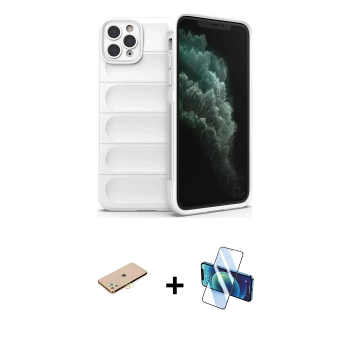 MARSİLYAN™- iPhone 11 Pro Kılıf Atlas Koleksiyonu - Siyah 3D Antistatik Seramik Nano Ekran Koruyucu + Renkli Kamera Lens Koruma Cam - PE